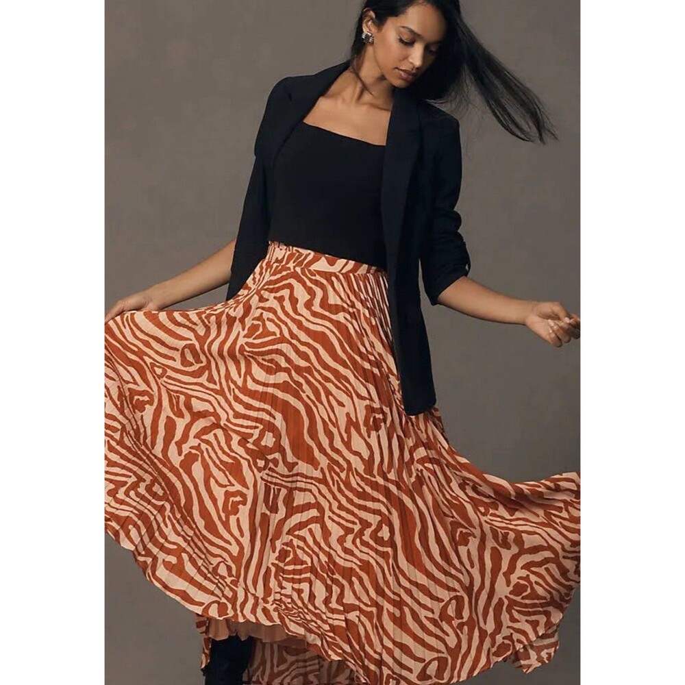 Anthropologie Maeve Midi Skirt Red Isobel Silky Pleat Preppy Retro Boho 14 NWT
